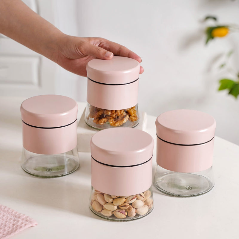 Set Of 4 Metal Storage Jar With Clear Glass Base 600ml
