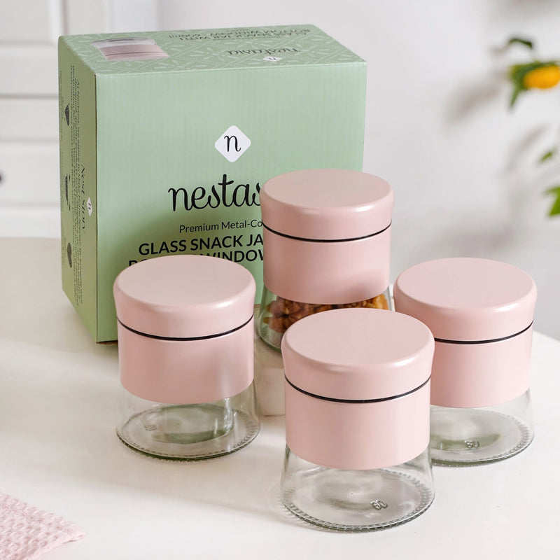 Set Of 4 Metal Storage Jar With Clear Glass Base 600ml