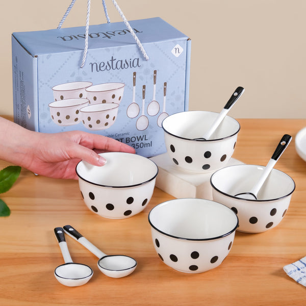Set Of 4 Polka Dot Soup Bowl With Spoon 350ml