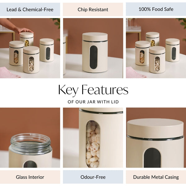 Set Of 4 Glass Storage Canister With Viewing Window 1200ml