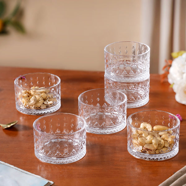 Set Of 6 Diamond Embossed Glass Snack Bowls 220ml