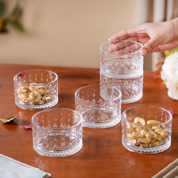 Set Of 6 Diamond Embossed Glass Snack Bowls 220ml