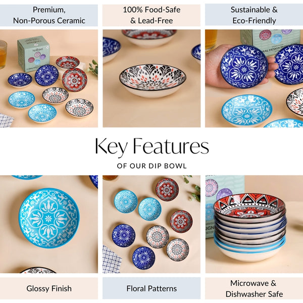 Set Of 8 Floral Mandala Small Ceramic Bowls 70ml