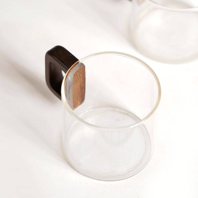 Set of 4 Glass Tea Coffee Cups With Wooden Handle 200ml