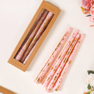 Set Of 8 Gilded Gold Blossom Pink Taper Candles