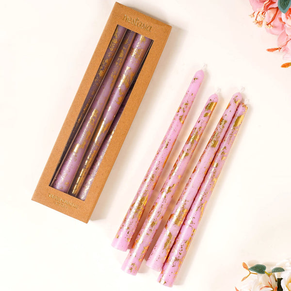 Set Of 8 Taper Candle With Gold Foil Design Lavender