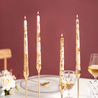 Set Of 8 White Taper Candles With Gold Film