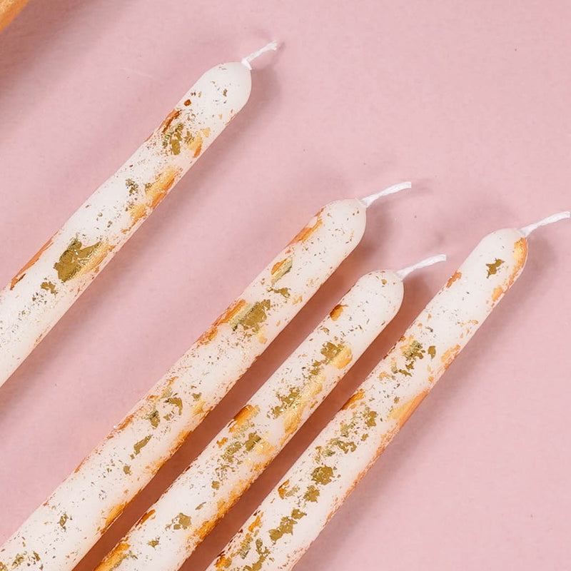 Set Of 8 White Taper Candles With Gold Film