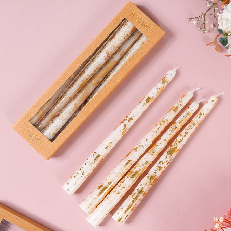 Set Of 8 White Taper Candles With Gold Film