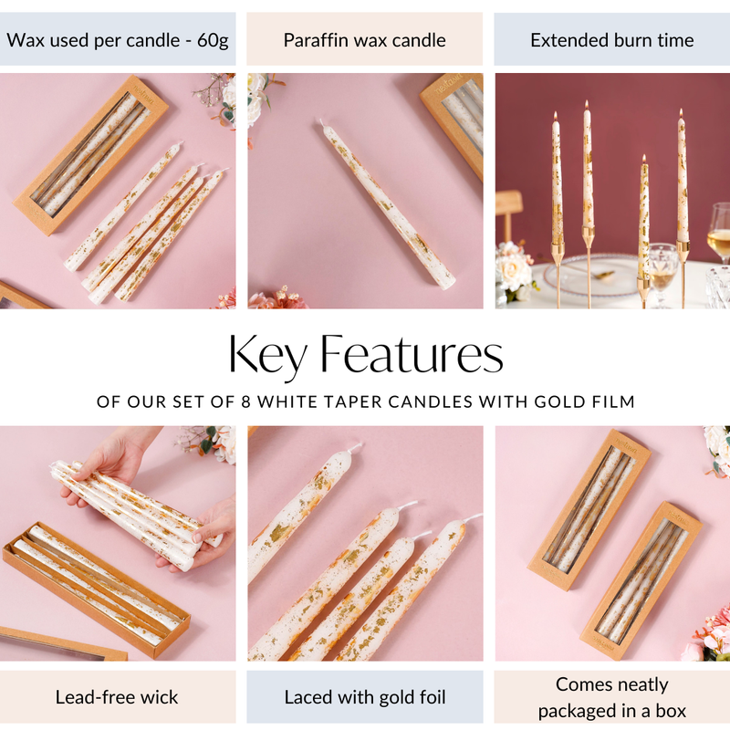 Set Of 8 White Taper Candles With Gold Film