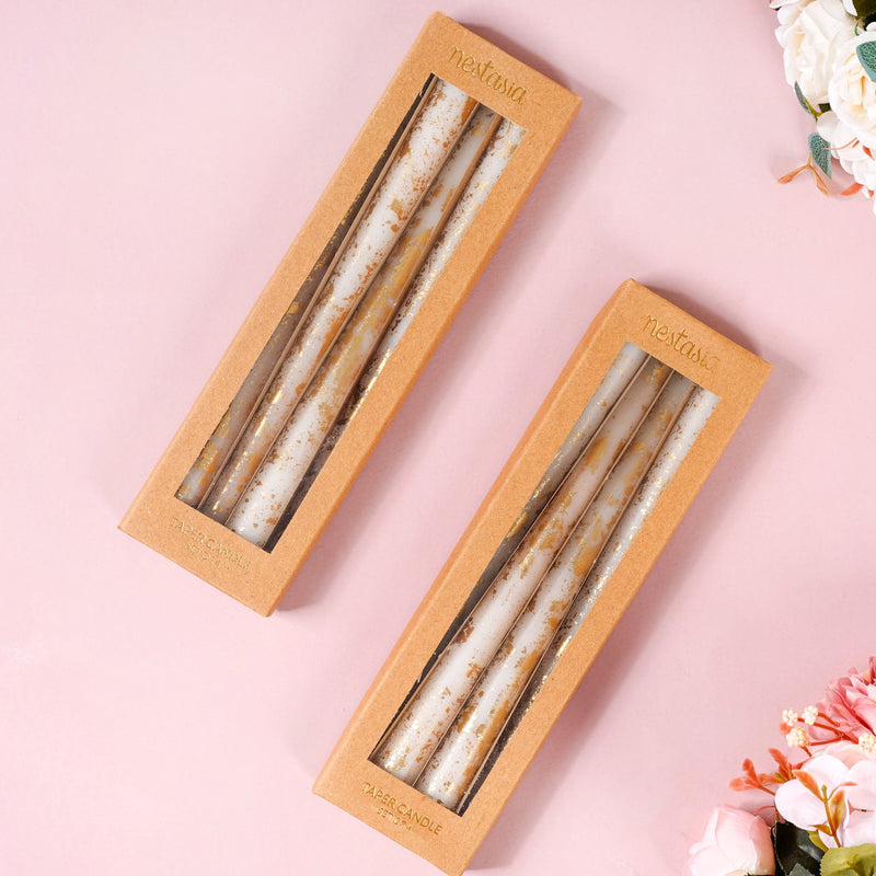 Set Of 8 White Taper Candles With Gold Film