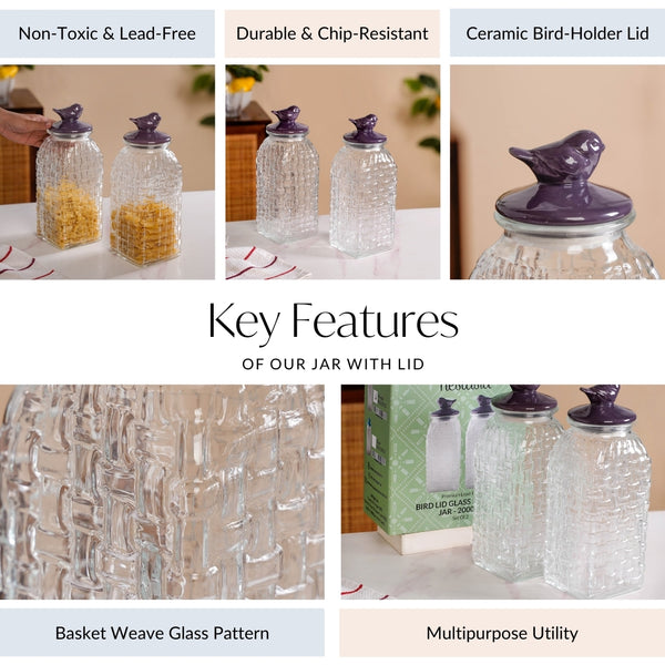 Set Of 2 Basket Weave Glass Jar With Purple Bird Lid 2000ml