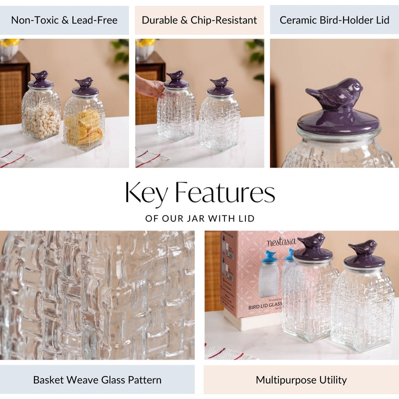 Set Of 2 Glass Storage Container with Ceramic Bird Lid 1500ml