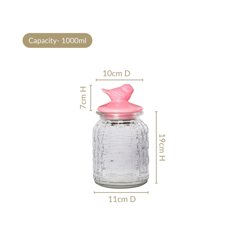 Set Of 2 Pink Bird Ceramic Lid Glass Storage Jar 1000ml