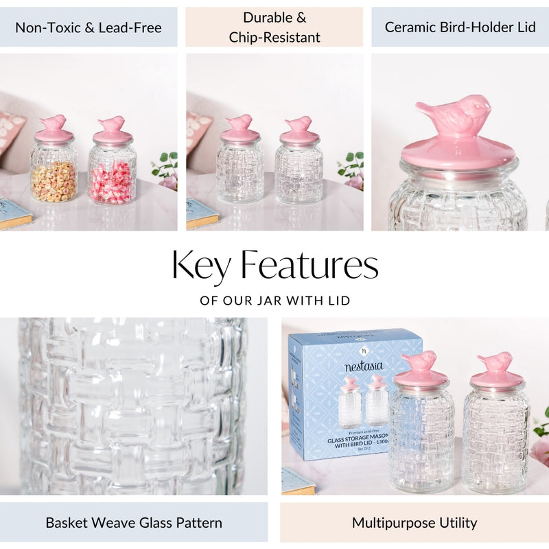 Set Of 2 Pink Bird Ceramic Lid Glass Storage Jar 1000ml