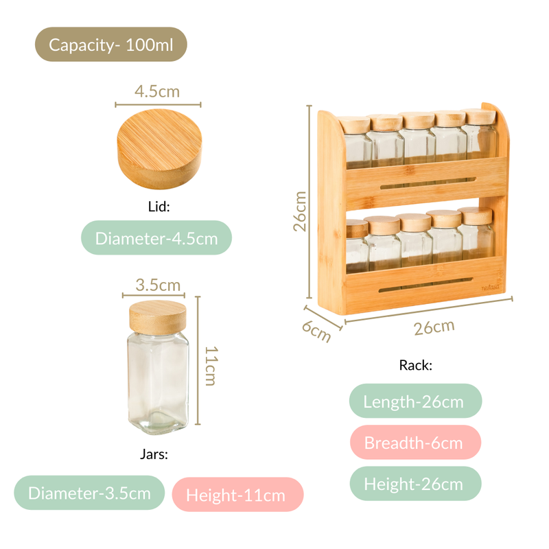 Set Of 10 Glass Jars With Wooden Storage Rack For Kitchen
