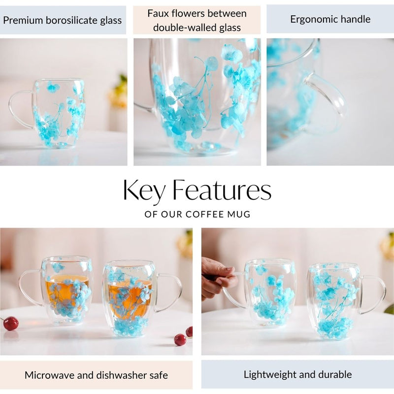 Set Of 2 Double Walled Flower Captured Coffee Mug Blue 350ml