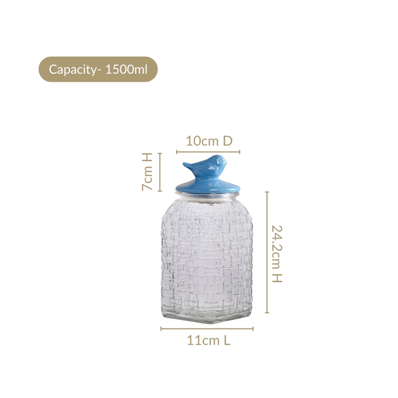 Set Of 2 Glass Jar With Blue Ceramic Bird Lid 1500ml