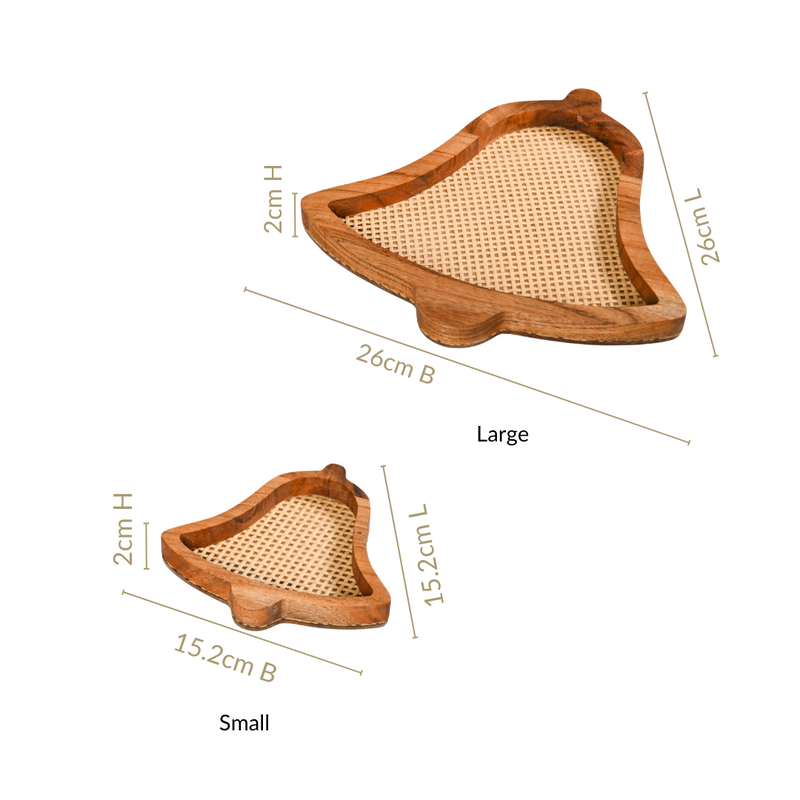 Set Of 2 Jingle Bells Wooden Platters With Rattan Weave