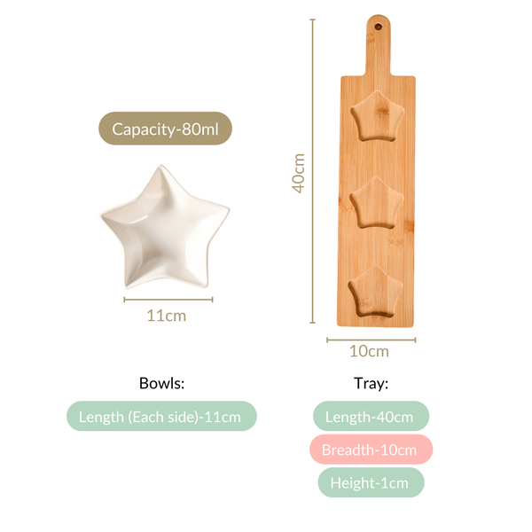 Set Of 3 White Star Ceramic Bowls With Wooden Tray 80ml