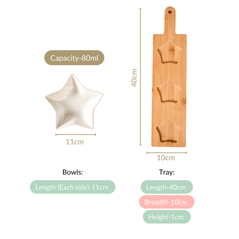 Set Of 3 White Star Ceramic Bowls With Wooden Tray 80ml