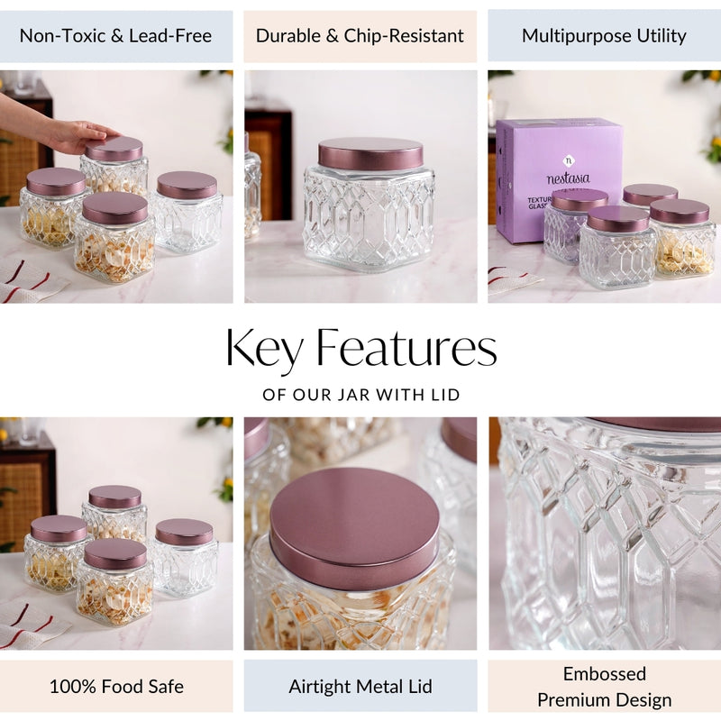 Set Of 4 Kitchen Square Glass Jars With Metal Lid 850ml
