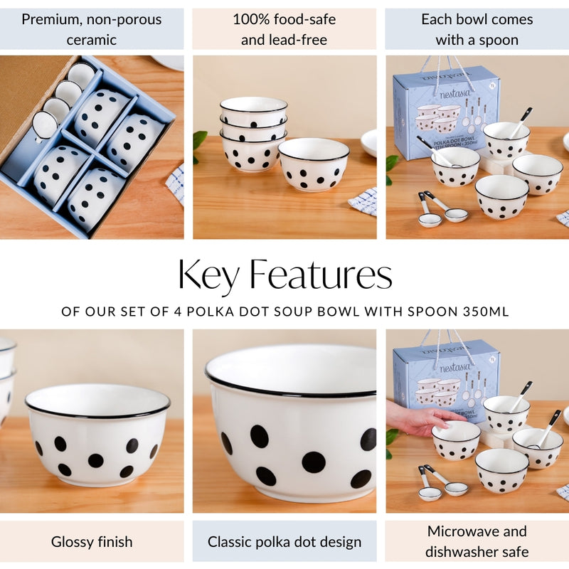 Set Of 4 Polka Dot Soup Bowl With Spoon 350ml