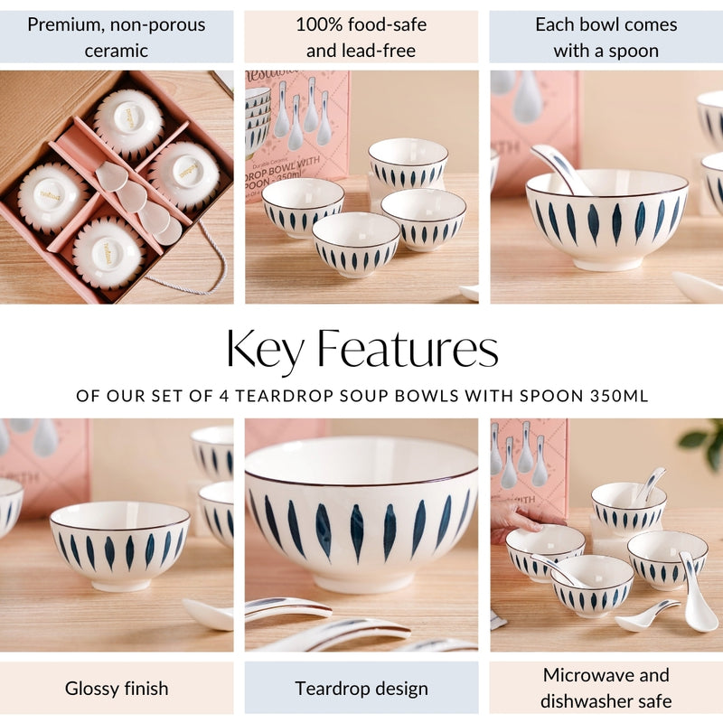 Set Of 4 Teardrop Soup Bowls With Spoon 350ml
