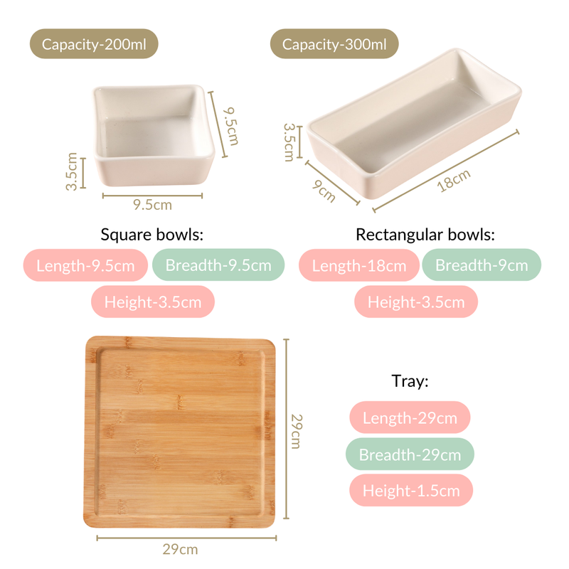 Set Of 5 Pristine White Ceramic Bowls With Bamboo Tray