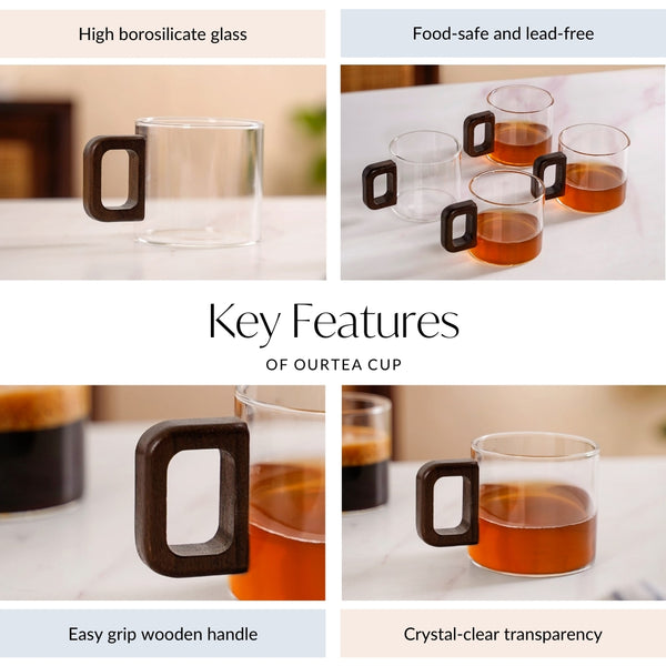 Set Of 4 Glass Tea Coffee Cups With Wooden Handle 200ml