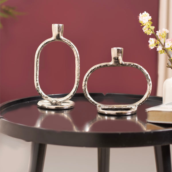 Set Of 2 Silver Oval Candle Stand