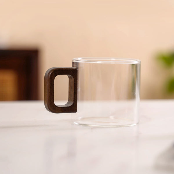 Set Of 4 Glass Tea Coffee Cups With Wooden Handle 200ml