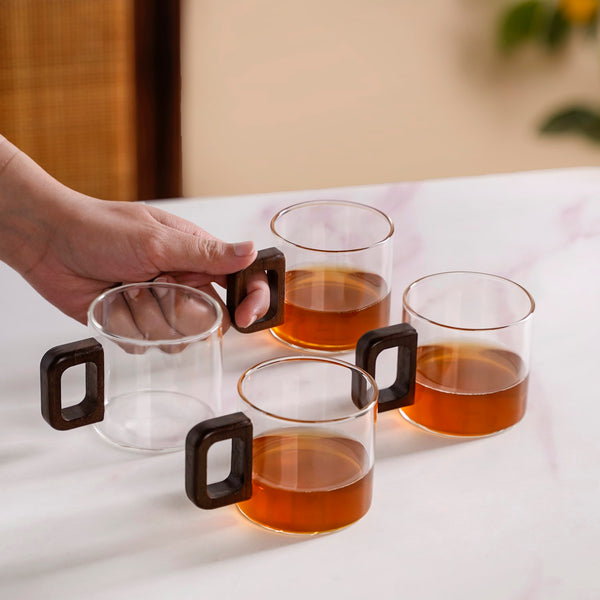 Set Of 4 Glass Tea Coffee Cups With Wooden Handle 200ml