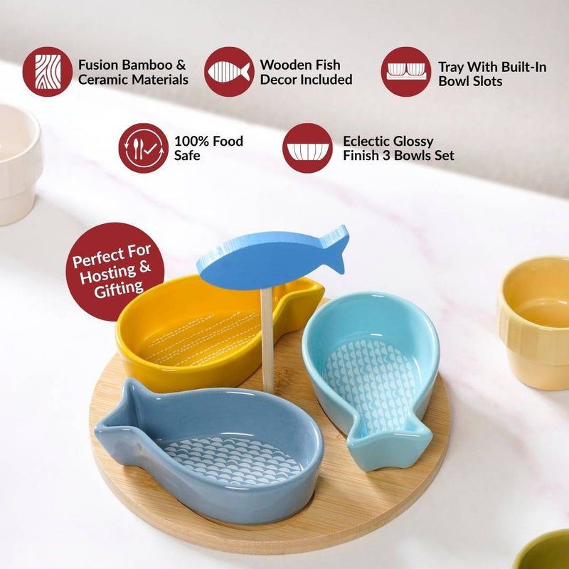 Fish Ceramic Bamboo Platter Set Of 5