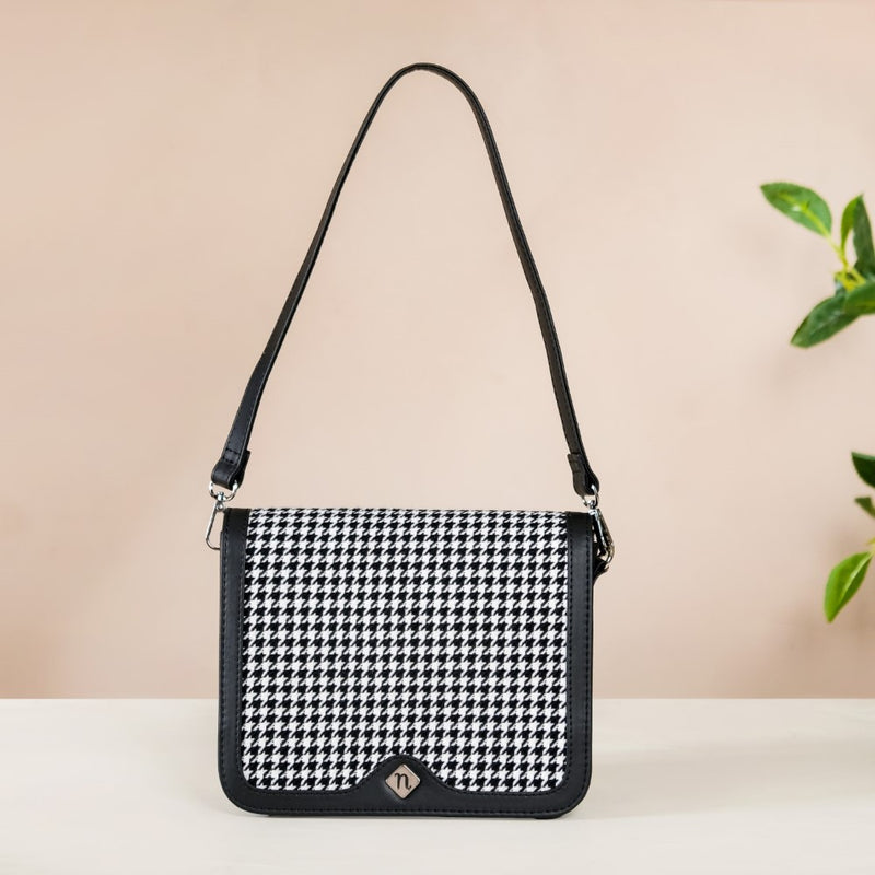 Houndstooth Shoulder Bag For Women Black