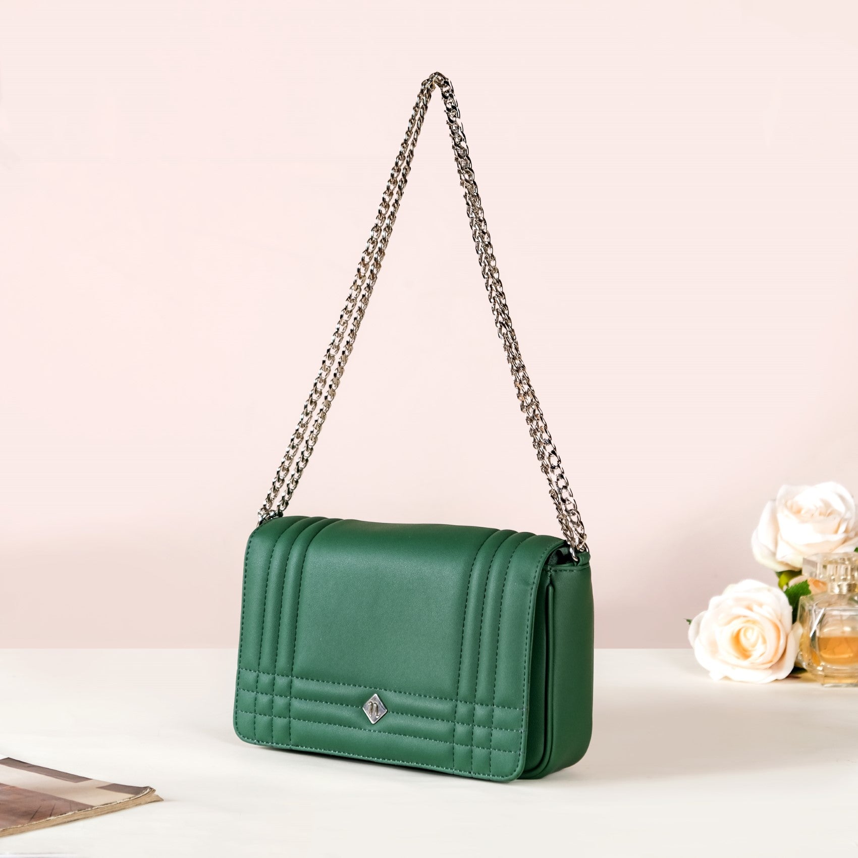 Cypress Green Cross Body Shoulder Bag With Chain