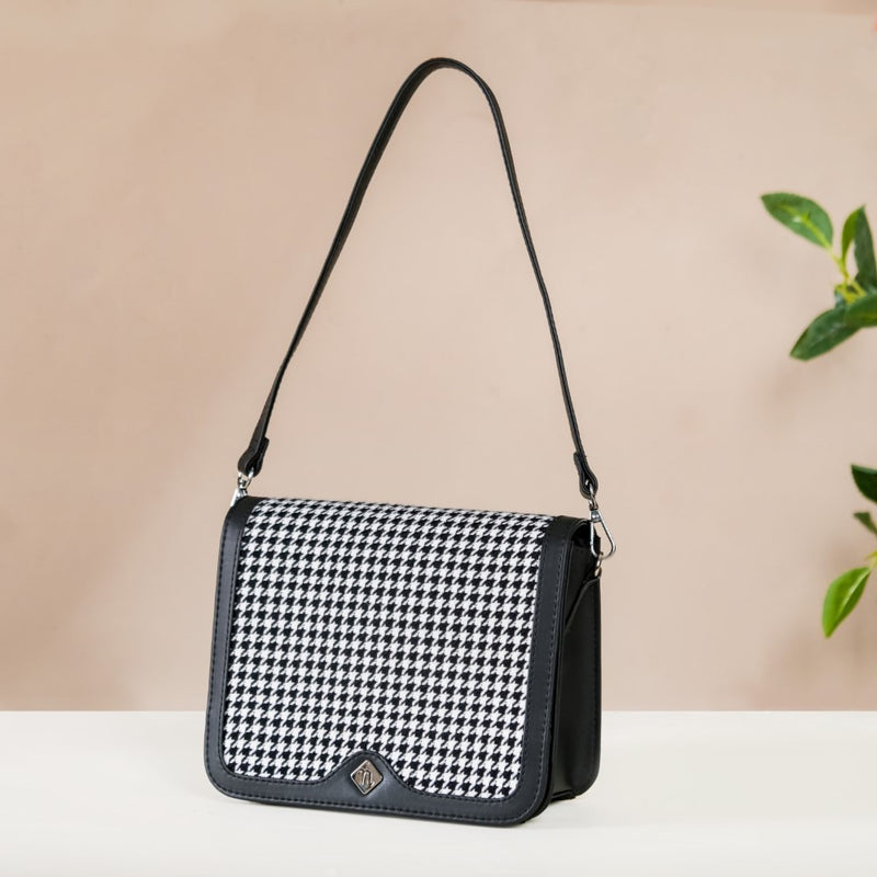 Houndstooth Shoulder Bag For Women Black