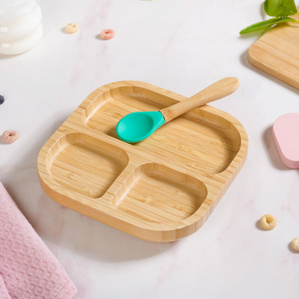 Silicone Suction Base Wooden Plate For Kids With Spoon