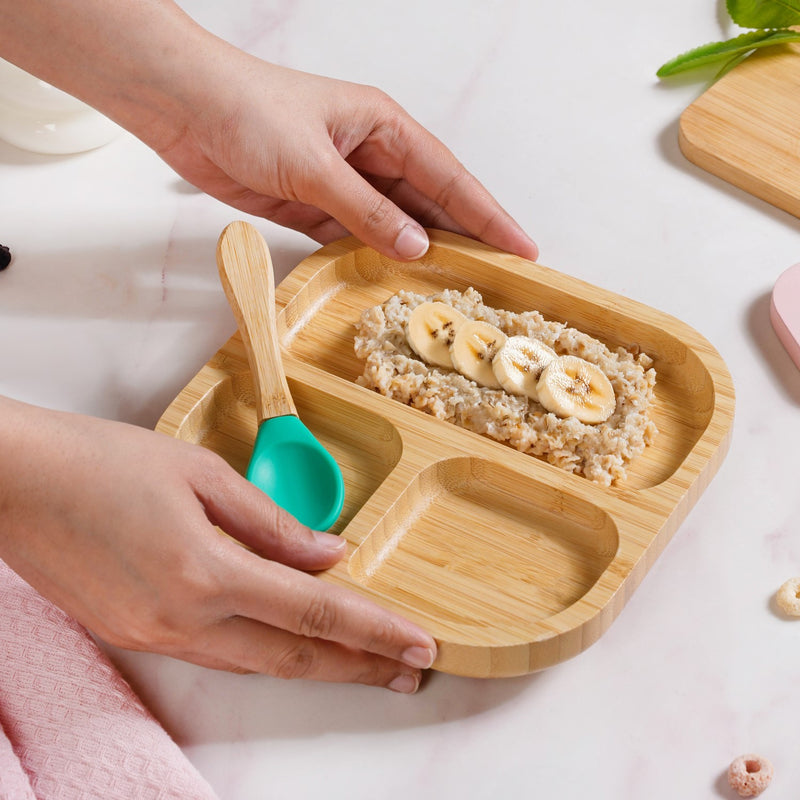 Silicone Suction Wooden Plate For Kids With Spoon