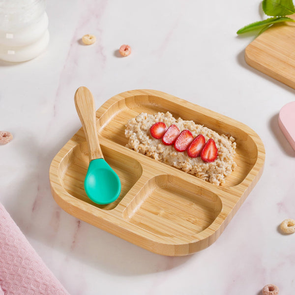 Silicone Suction Base Wooden Plate For Kids With Spoon