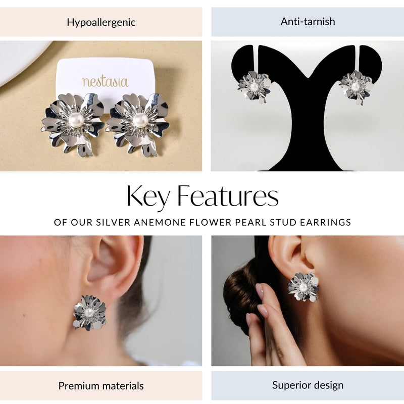 Silver Anemone Flower Pearl Stud Earrings