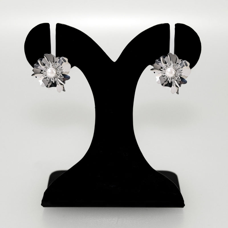 Silver Anemone Flower Pearl Stud Earrings
