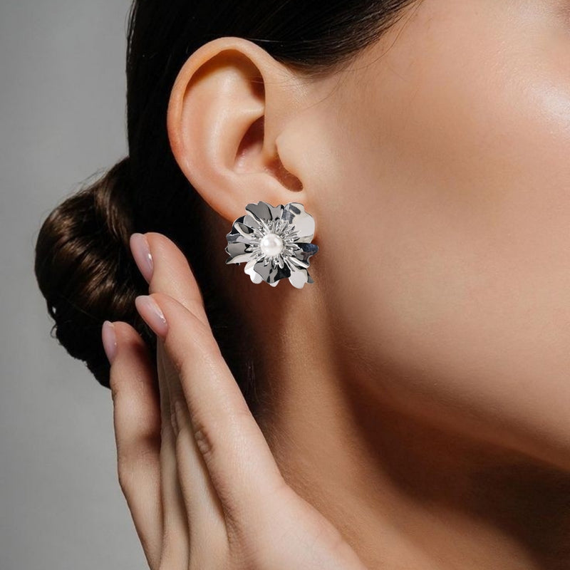 Silver Anemone Flower Pearl Stud Earrings