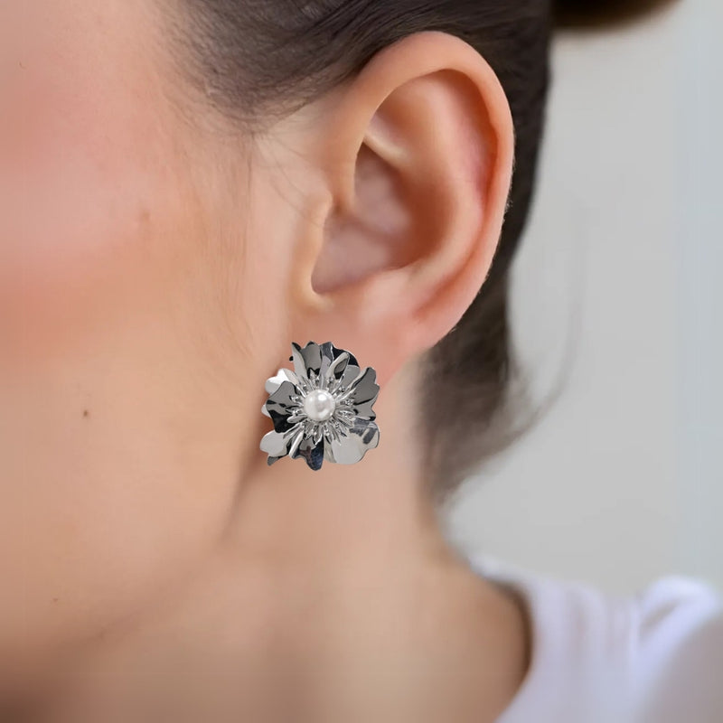 Silver Anemone Flower Pearl Stud Earrings