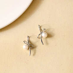 Silver Bow Pearl Drop Earrings