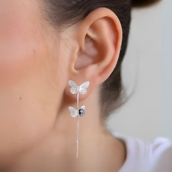 Silver Butterfly Tassel Earrings