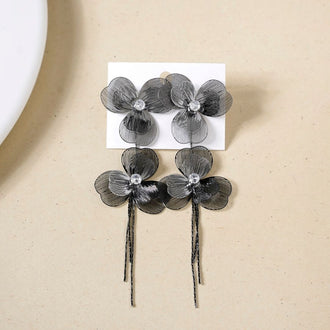 Silver Flower Tassel Stone Earrings