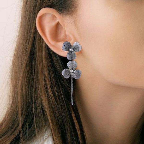 Silver Flower Tassel Stone Earrings