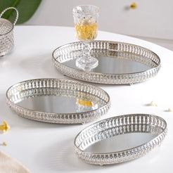 Set Of 3 Oval Metal Tray Silver