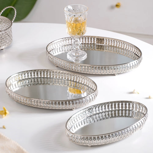 Set Of 3 Oval Metal Tray Silver